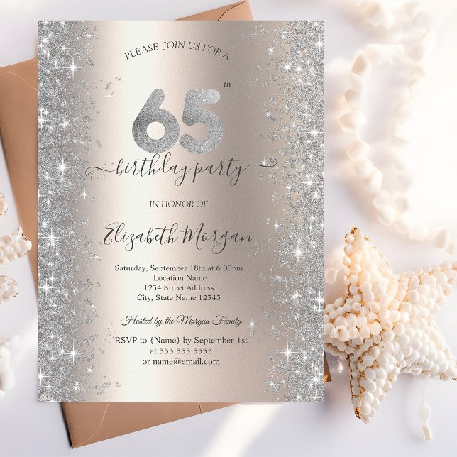 Silver Sparkle Diamonds Ivory 65th Birthday Party Invitation (Creator Uploaded)