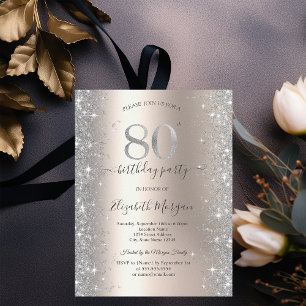 Silver Sparkle Diamonds Ivory 80th Birthday Party Invitation
