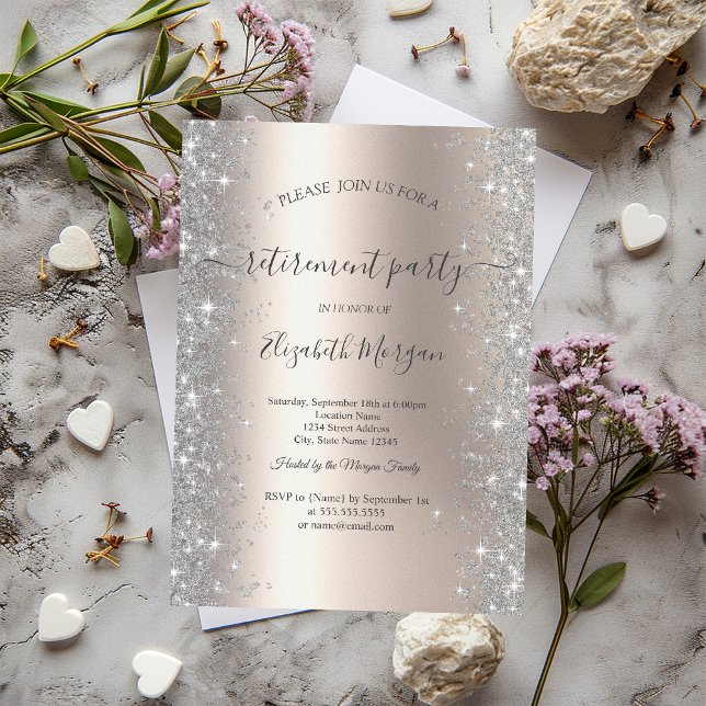 Silver Sparkle Diamonds Ivory Retirement Party Invitation (Creator Uploaded)