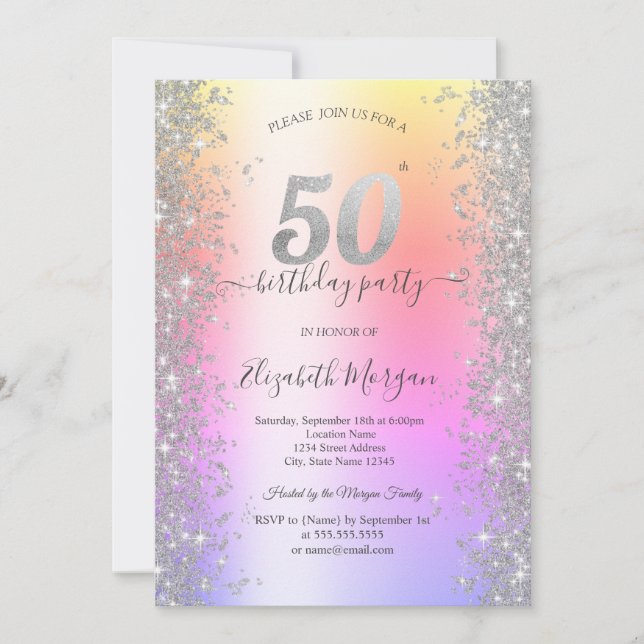 Silver Sparkle Diamonds Ombre 50th Birthday Party Invitation (Front)