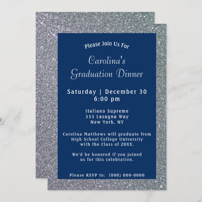 Silver Sparkle Dinner Blue Graduation Invitation (Front/Back)