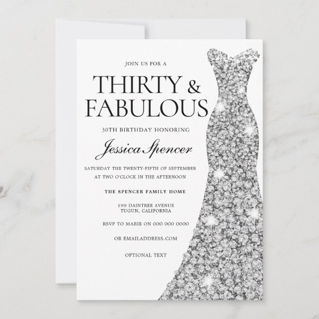 Silver Sparkle Dress 30 & Fabulous 30th Birthday Invitation (Front)