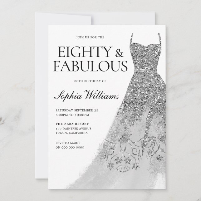 Silver Sparkle Dress 80th Birthday Party  Invitation (Front)