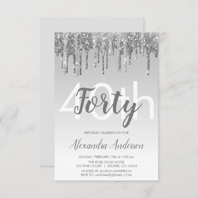 Silver Sparkle Glitter 40th Birthday Party Invitation (Front/Back)