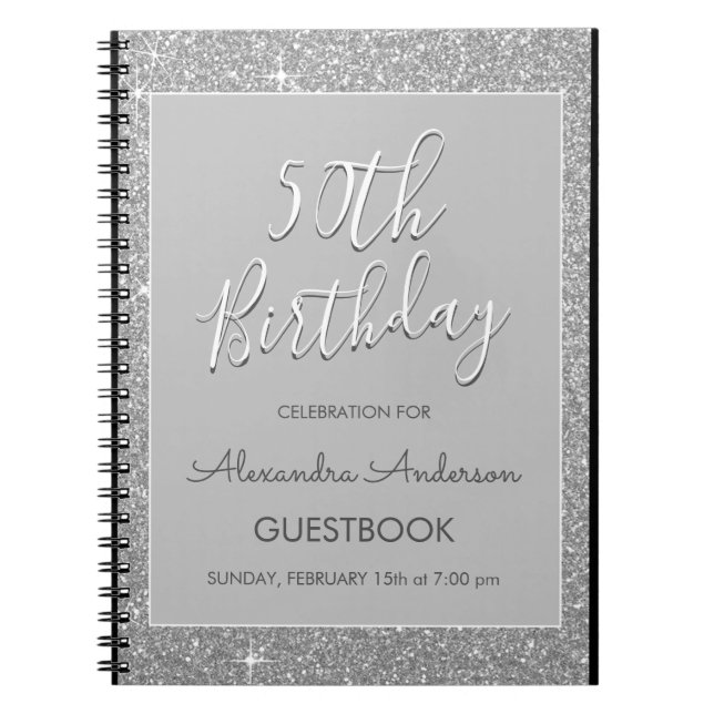 Silver Sparkle Glitter 50th Birthday Guestbook Notebook (Front)