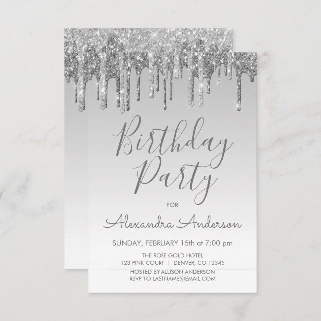 Silver Sparkle Glitter Any Age Birthday Invitation (Front/Back)