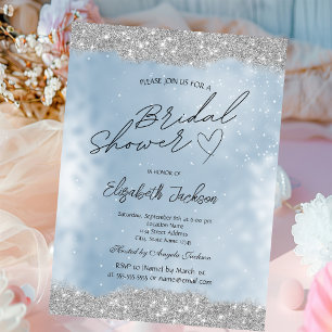 Silver Sparkle Glitter Blue Bridal Shower  Invitation