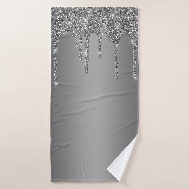 Silver Sparkle Glitter Drips Chic Bath Towel Set (Bath Towel)