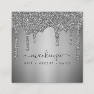 Silver Sparkle Glitter Drips Luxury Square Business Card