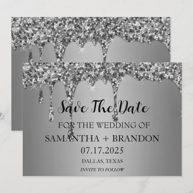 Silver Sparkle Glitter Drips Luxury Wedding  Save The Date (Front/Back)