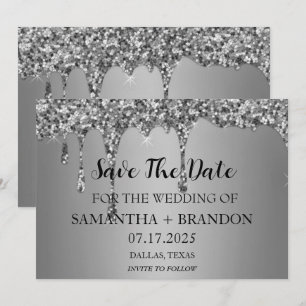 Silver Sparkle Glitter Drips Luxury Wedding Save The Date
