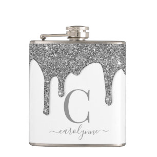 Silver Sparkle Glitter Drips White Monogram Hip Flask