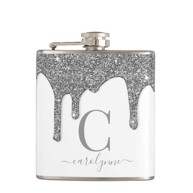 Silver Sparkle Glitter Drips White Monogram Hip Flask (Front)
