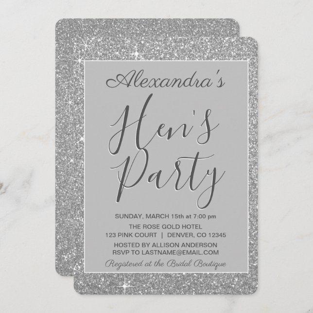 Silver Sparkle Glitter Hen's Party Invitation (Front/Back)