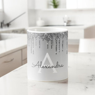 Silver Sparkle Glitter Luxury Monogram Name Coffee Mug