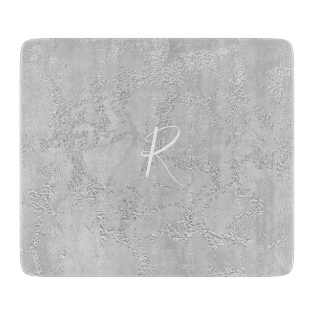 Silver Sparkle Glitter Marble Monogram Cutting Board (Front)