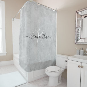 Silver Sparkle Glitter Marble Monogram Name Shower Curtain