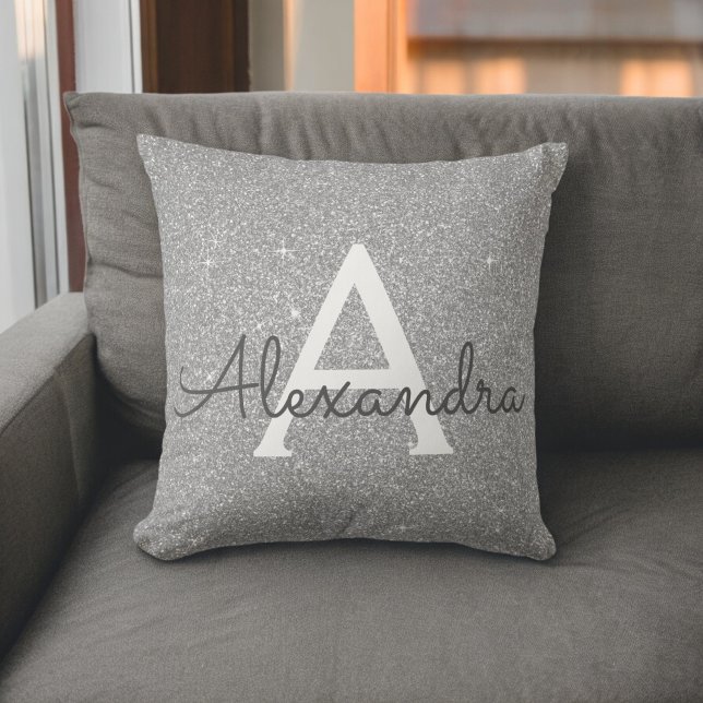 Silver Sparkle Glitter Monogram Name & Initial Cushion (Creator Uploaded)