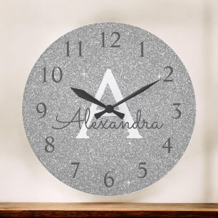 Silver Sparkle Glitter Monogram Name & Initial Large Clock