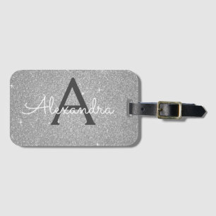 Silver Sparkle Glitter Monogram Name Luggage Tag