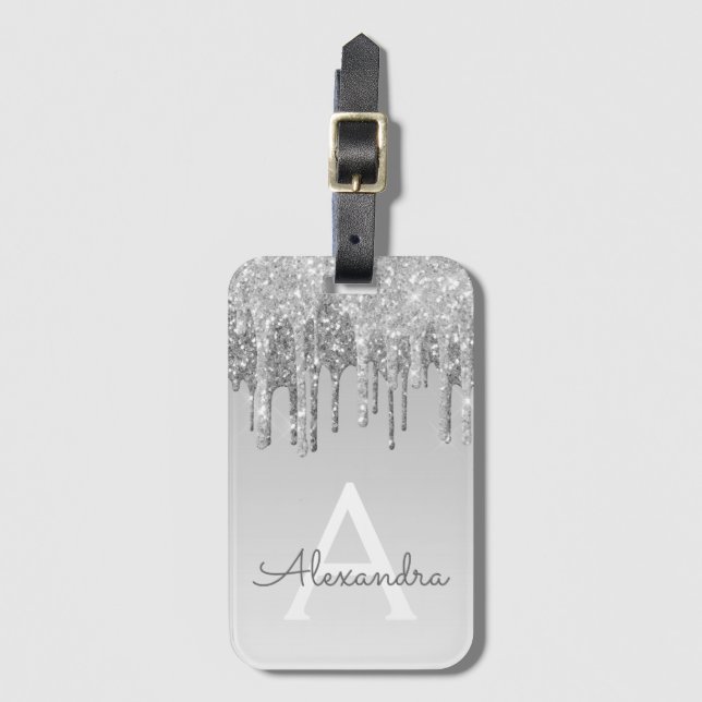 Silver Sparkle Glitter Monogram Name Luggage Tag (Front Vertical)