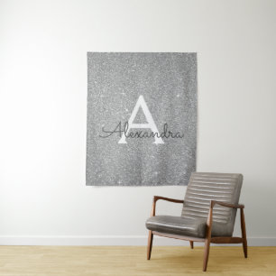 Silver Sparkle Glitter Monogram Tapestry