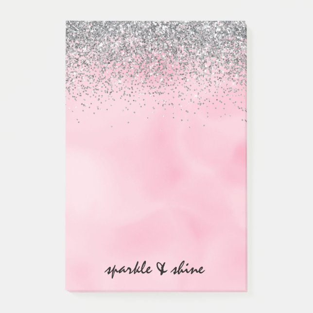 Silver Sparkle Glitter Pink Watercolor  Post-it Notes (Front)