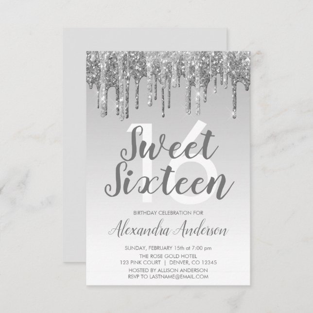 Silver Sparkle Glitter Sweet Sixteen Birthday Invitation (Front/Back)
