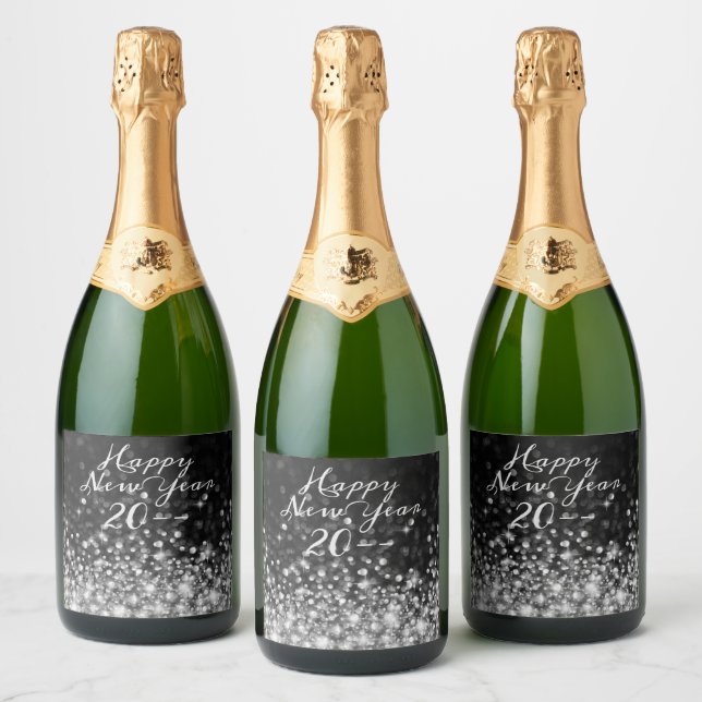 Silver Sparkle Happy New Year Sparkling Wine Label (Bottles)