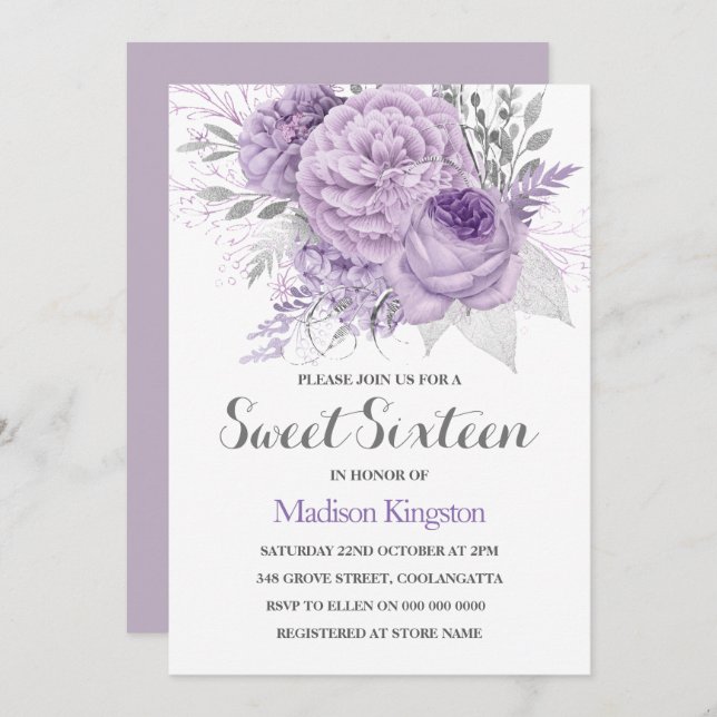 Silver Sparkle Lavender Sweet Sixteen Invite (Front/Back)