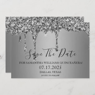 Silver Sparkle Luxury Glitter Drips Quinceanera Save The Date