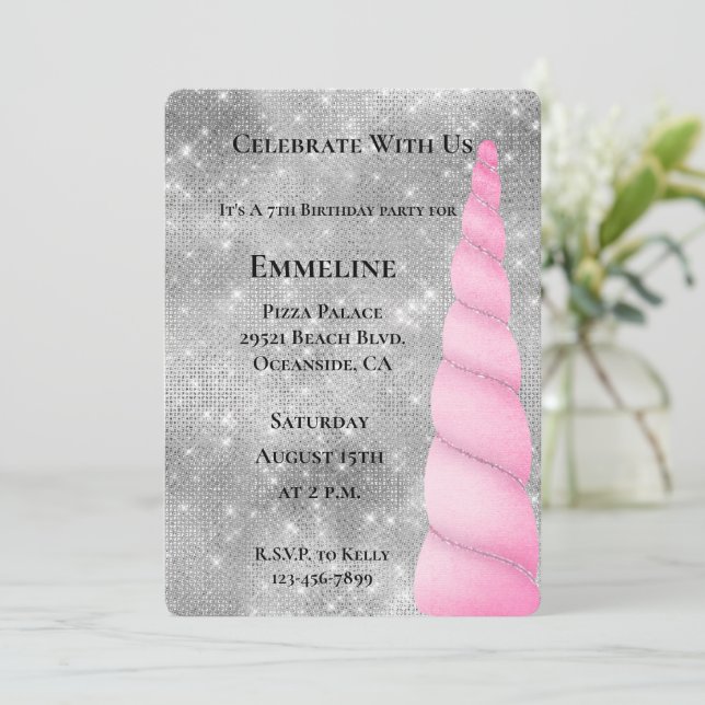 Silver Sparkle Pink Glam Unicorn Birthday Invitation (Standing Front)