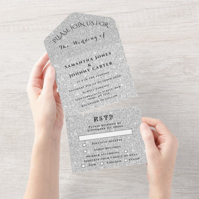 Silver Sparkle RSVP Elegant Modern Wedding All In  One Invitation (Tearaway)