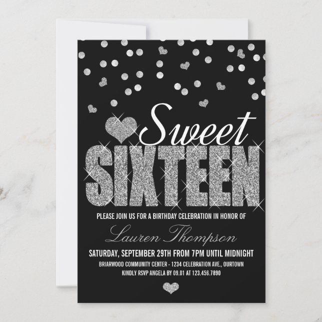 Silver Sparkle Sweet 16 Party Invitations (Front)