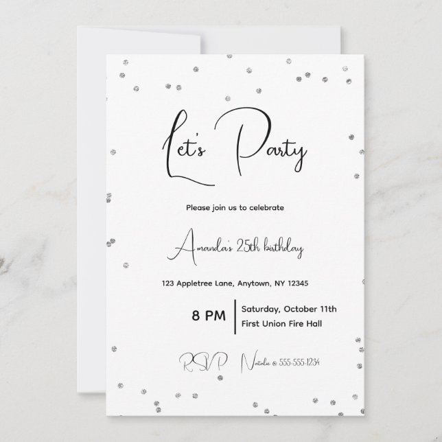 Silver Sparkles Fully Customisable Party Invitation (Front)