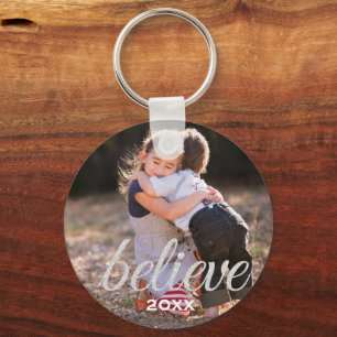Silver Sparkly Believe Script Christmas Photo Key Ring