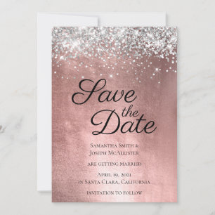 Silver Sparkly Glitter and Shiny Rose Gold Foil Save The Date