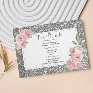 Silver sparkly glitter pink floral Details Card