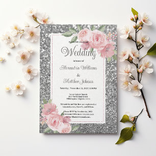 Silver sparkly glitter pink floral Wedding Invitation