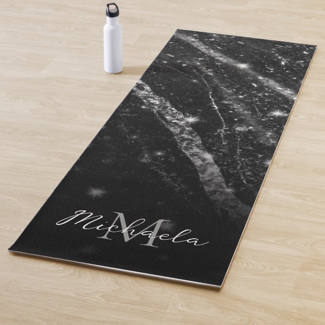 Silver sparkly line black rock elegant abstract  yoga mat (In Situ)