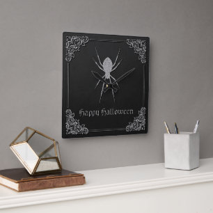 Silver Spider Halloween Square Wall Clock