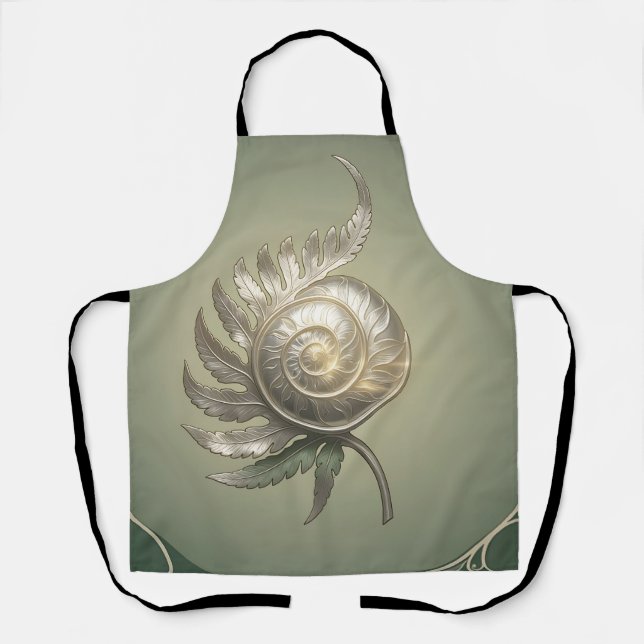 Silver Spiral Fern Shell Art Nouveau  Apron (Front)