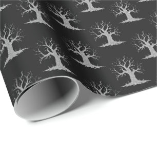 Silver Spooky Tree Halloween Wrapping Paper
