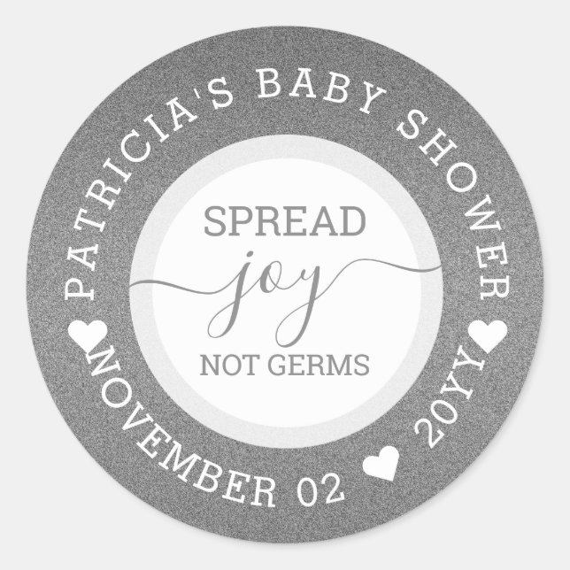 Silver Spread Joy Baby Shower Hand Sanitizer Favou Classic Round Sticker (Front)