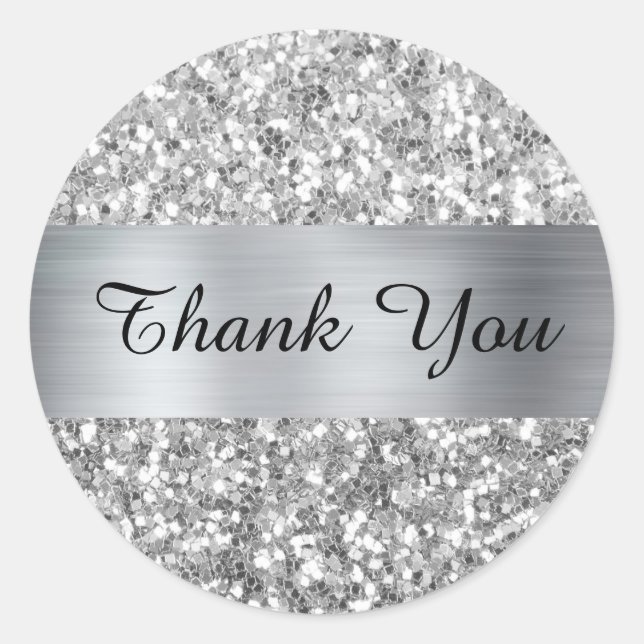 Silver Square Glitter Shimmer Strip Foil Classic Round Sticker (Front)
