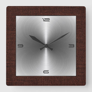 Silver Stainless Steel Modern Burlap Border Square Wall Clock