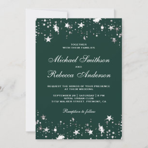 Silver Star Confetti Emerald Green QR Code Wedding Invitation
