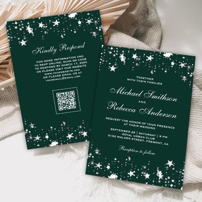 Silver Star Confetti Emerald Green QR Code Wedding Invitation (Creator Uploaded)