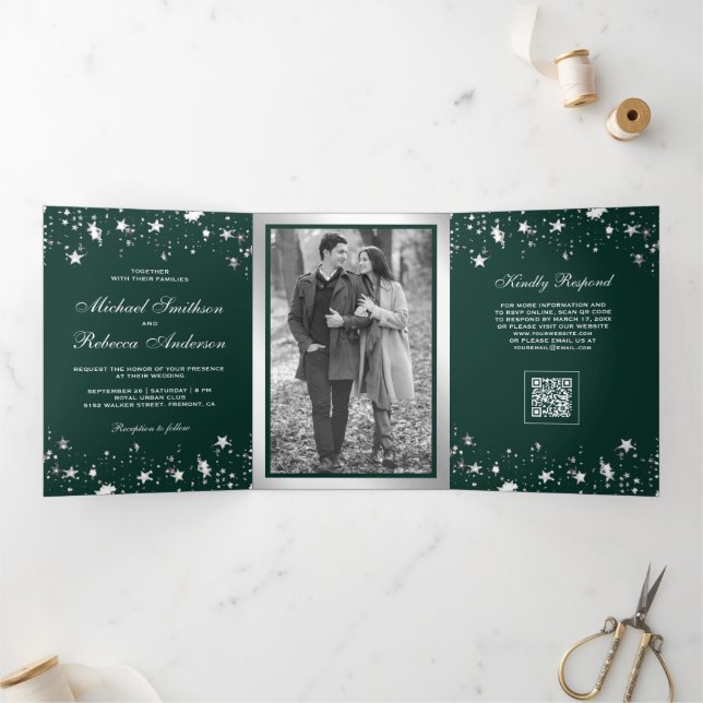 Silver Star Confetti Emerald Green QR Code Wedding Tri-Fold Invitation (Inside)