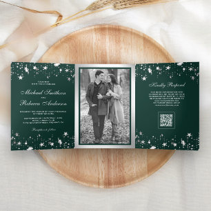 Silver Star Confetti Emerald Green QR Code Wedding Tri-Fold Invitation